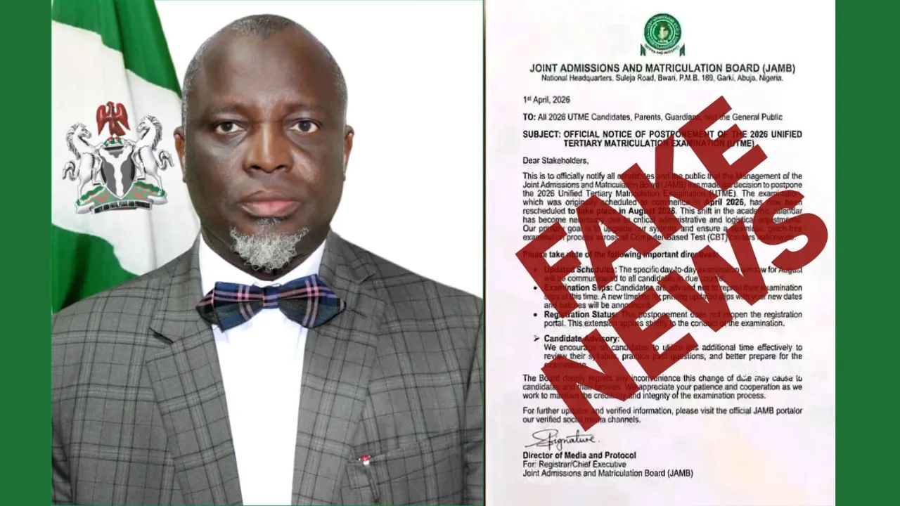 JAMB Debunks Fake 2026 UTME Postponement Notice, Urges Public to Disregard Fraudulent Document