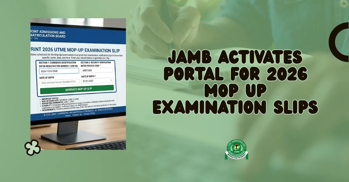JAMB Activates Portal For 2026 Mop Up Examination Slips