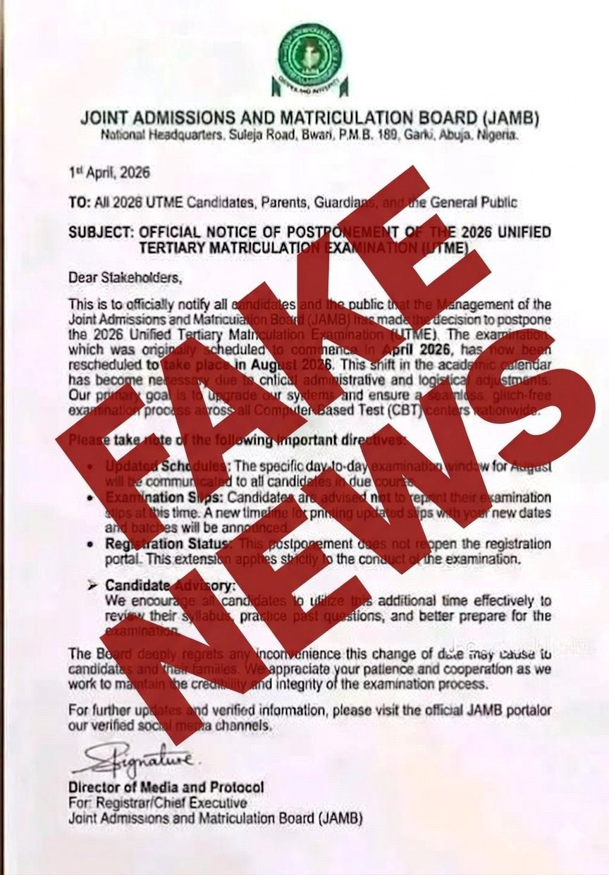 JAMB Debunks Fake 2026 UTME Postponement Notice, Urges Public to Disregard Fraudulent Document